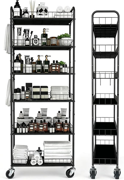 Slim Rolling Storage Cart with Wheels,10in 6 Tier Black | Narrow Space Rolling Shelving Unit , Metal Wire Mobile Organizer Rack for Kitchen Bathroom Office Laundry