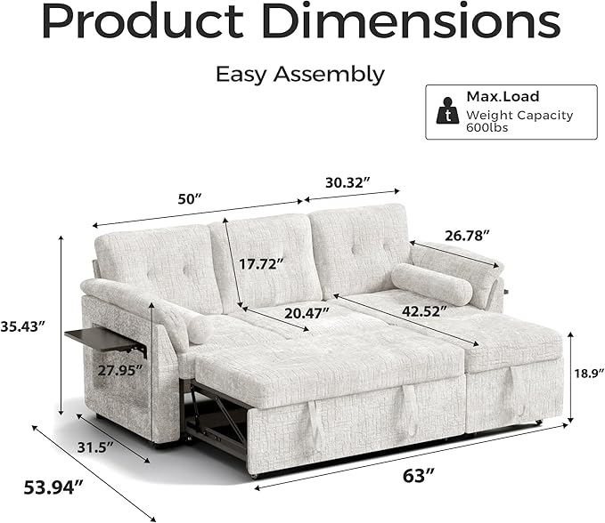 Convertible Sleeper Sofa Bed, 63 Inch Chenille Pull Out Couch