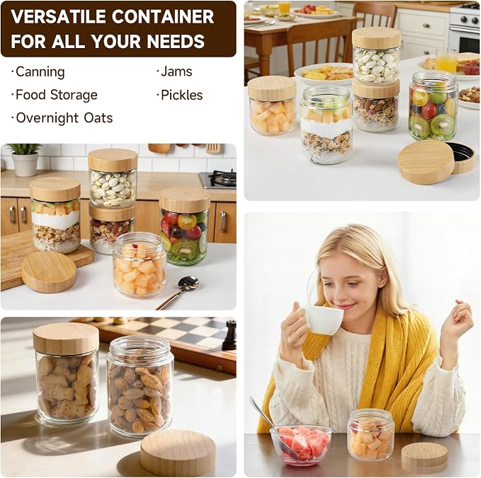 Agotglmi Glass Jars with Airtight Lids, Overnight Oats Containers Set of 8(16oz & 8oz), Wide Mouth Mason Jars for Meal Prep, Salad, Snack, Food Storage, Bathroom Organizer & DIY Crafts with 2 Spoons