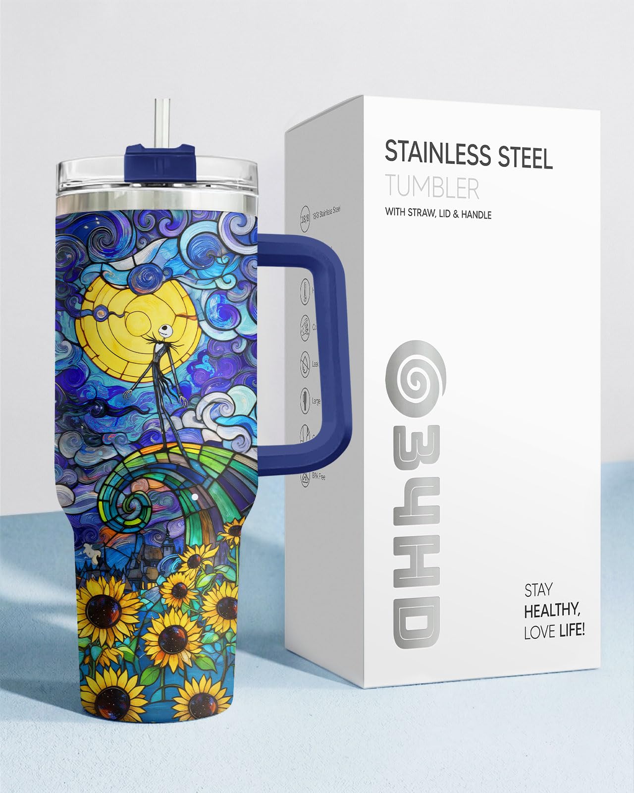 34HD Nightmare Skeleton Tumbler Starry Night Sunflower 40oz Tumbler Insulated Stainless Steel Gothic Art Coffee Cup Gifts for Movie Fans