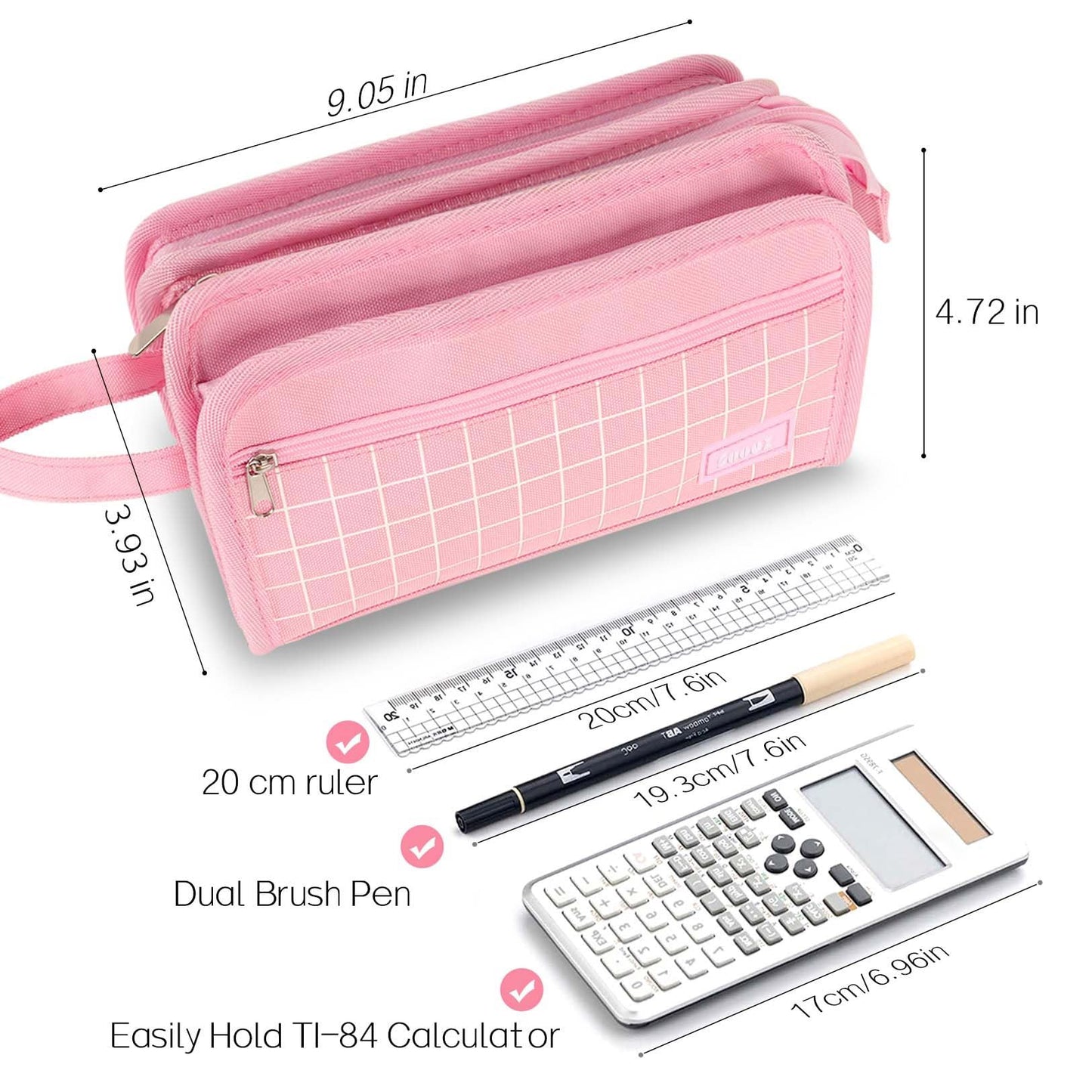 Sooez Large Pencil Case, Big Capacity Pencil Pouch Pen Bag with 3 Compartment, Portable Canvas Stationery Organizer with Zipper, Cute Aesthetic School Supplies for Teen Girls, Celadon with Plaid