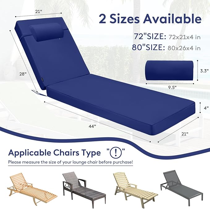 Chaise Lounge Cushion for Outdoor Furniture, Waterproof, Fade-Resistant and