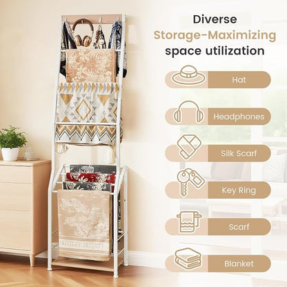 Pinzoveco Blanket Ladder, 7 Tier Blanket Ladders for The Living Room,Wooden Ladder Shelf with Hooks, 5.5ft Blanket Holder Rack Farmhouse Ladder Rack for Storage and Home Decor (White)