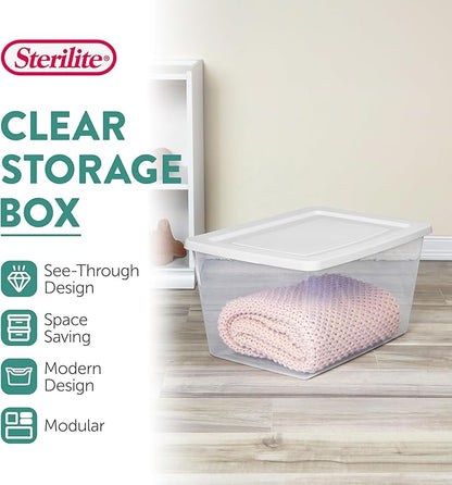 Sterilite 12-Pack Clear Storage Box, Stackable Container Bins with Lids, 58 Qt, White – Large Plastic Containers for Home, Closet, Bathroom, Classroom, and Office Organization