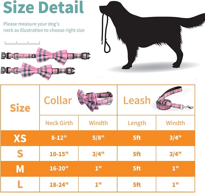 IVY&LANE Dog Collar with Bowtie and Leash Set | Plaid Adjustable Dog Collar | Detachable Bow Tie |5 FT Dog Leash | for Small Medium Large Dogs | Checkered Pink | Medium