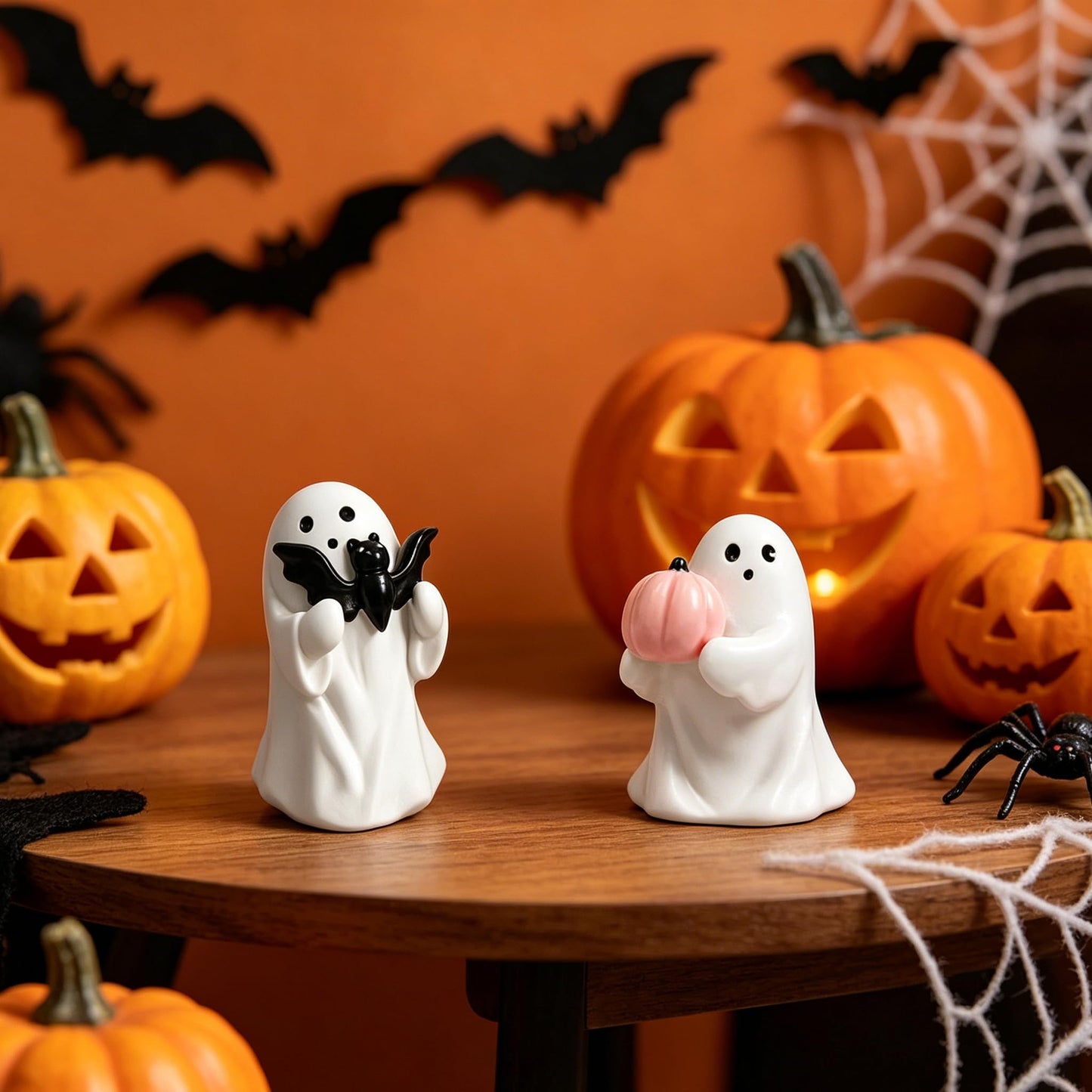 WGXIA Ghost Figurine Decor - 2Packs Small Halloween Ghost Statue for Home Decorative - Cute Mini Spooky Ghosts Pink Halloween Decor for Desk Office Table Centerpieces Ornament (White - Set of 2)