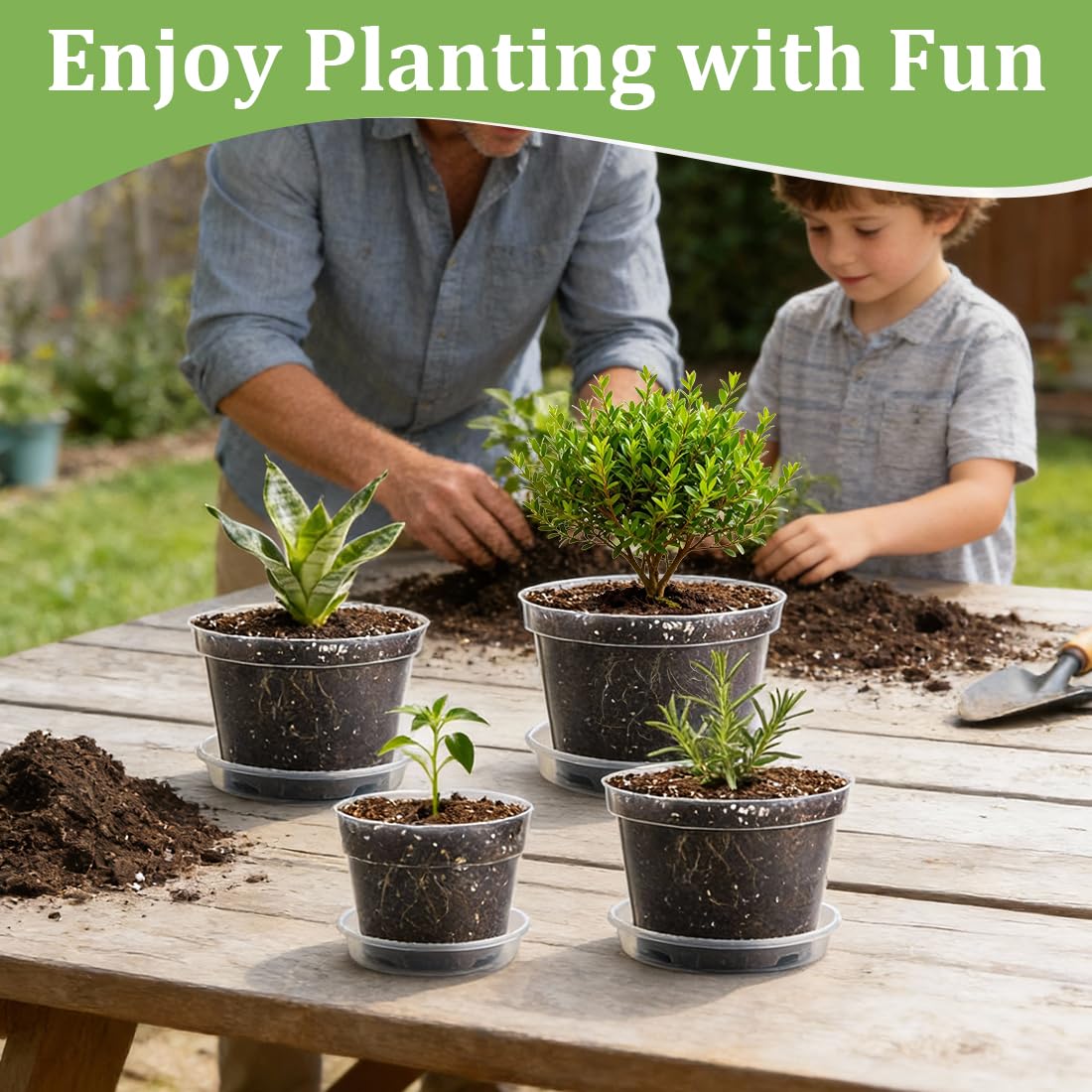 RooTrimmer 15 Pack 8/7/6 Inch Clear Nursery Pots with Saucer, Transparent Plastic Plant Pot with Drainage Hole, Sturdy Planting Starter Pots for Gardening Flower Herb Vegetable