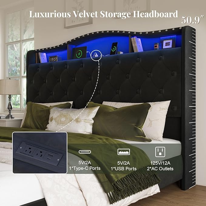 Belffin Queen Size Bed Frame and Headboard, 50.9" Velvet Upholstered Wingback