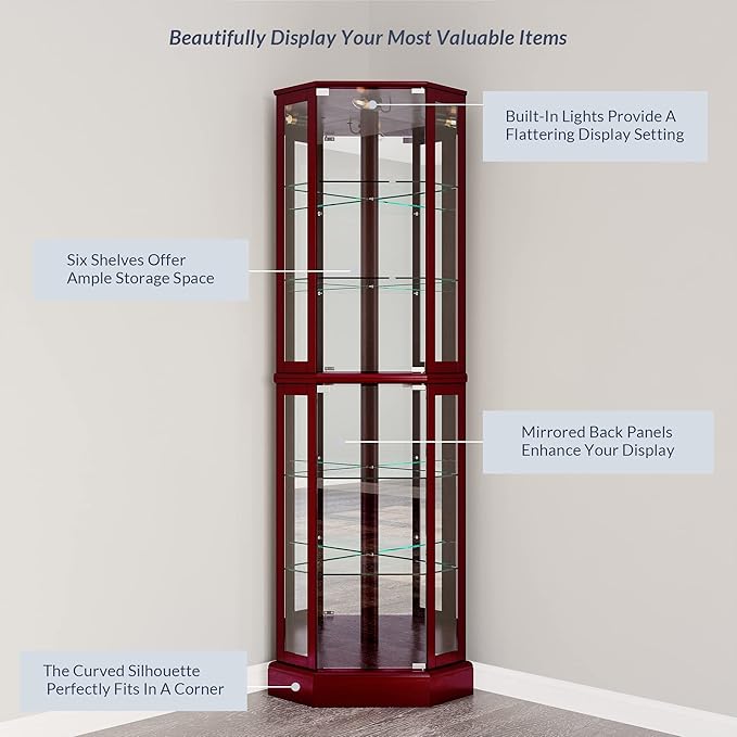 BELLEZE Lighted Corner Display Curio Cabinet Wooden Curved Shelving Unit