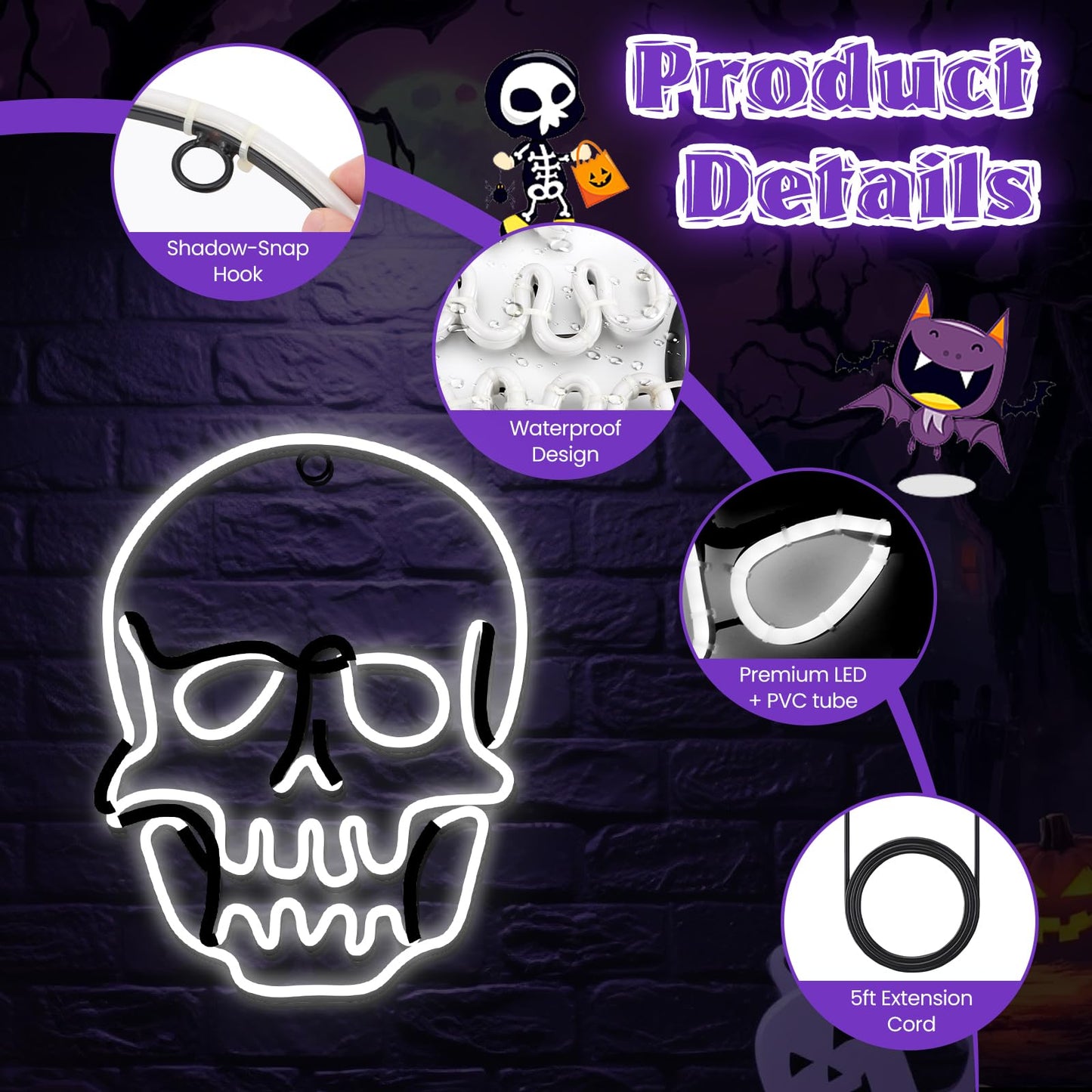 Flickering 13.5" Skull Neon Sign, 396 LED Pre-lit Skull Lights Plug in Hanging Scary Spooky Outdoor Halloween Decor for Yard, Porch, Garage, Party - Cool White　(No Constant Light)