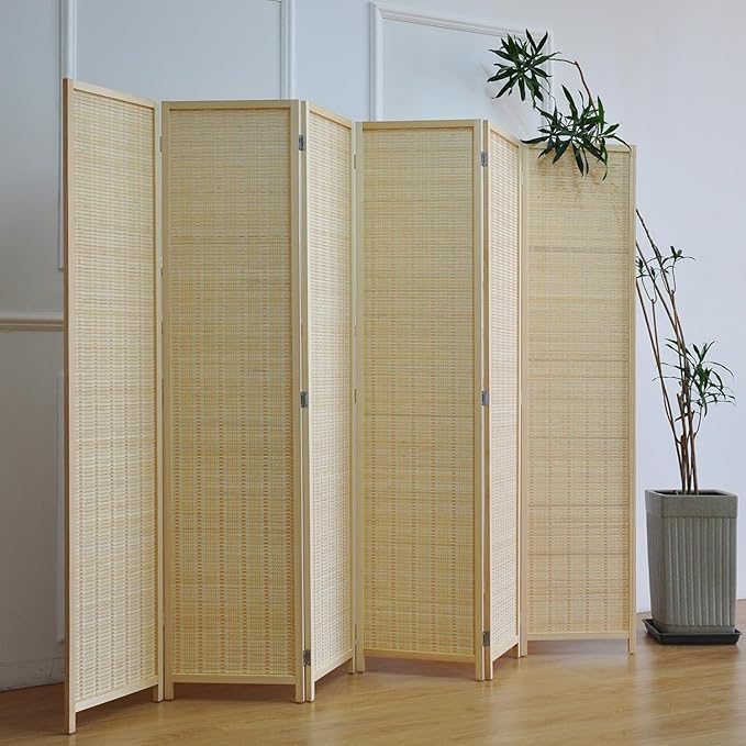 Furnnylane 6 Panel Bamboo Room Divider – 5.6 ft Tall Folding Privacy Screen