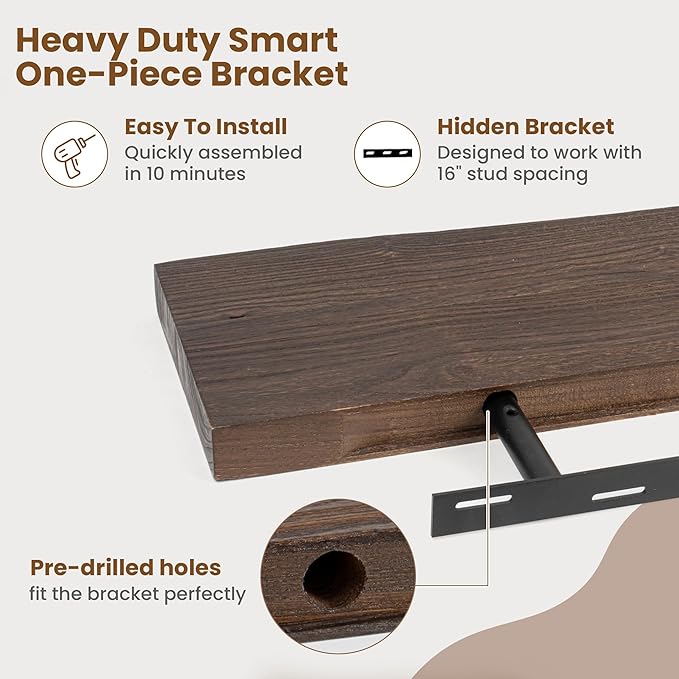 Floating Shelves for Wall Decor, Rustic Solid Elm Wood Live Edge Floating
