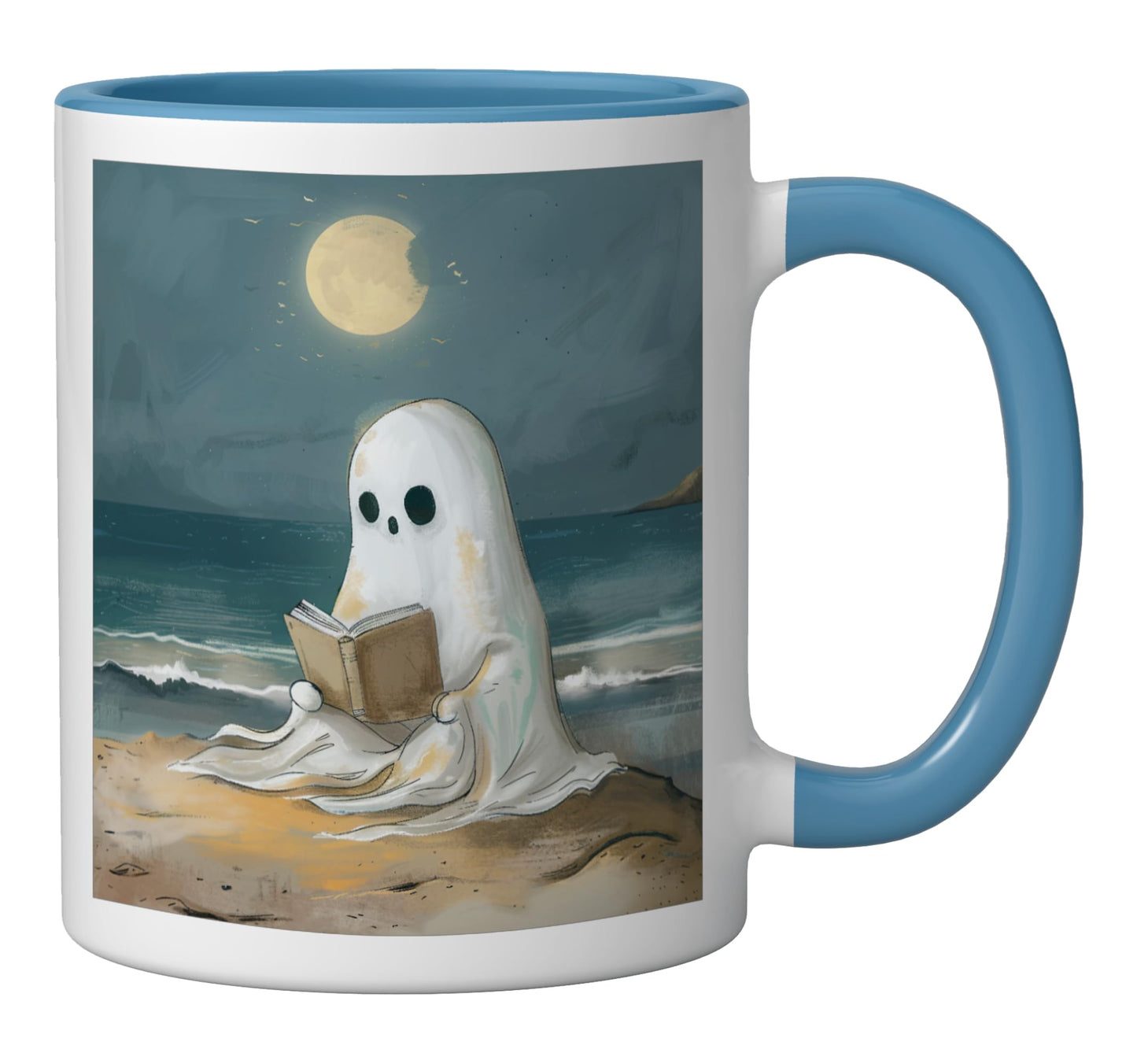 Spooky Ghost Reading at Beach Summer Moonlight Ceramic Mug, Blue/White