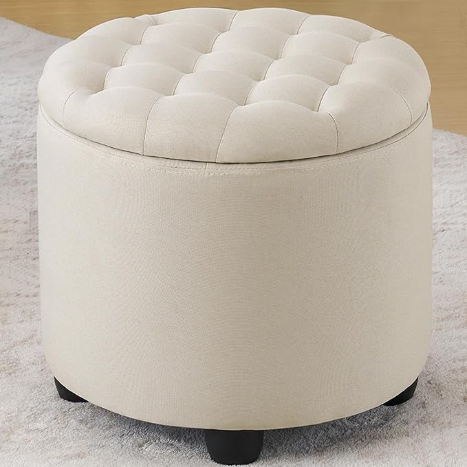 Furniliving Modern Round Storage Ottoman, Button Tufted Ottoman Foot Stools
