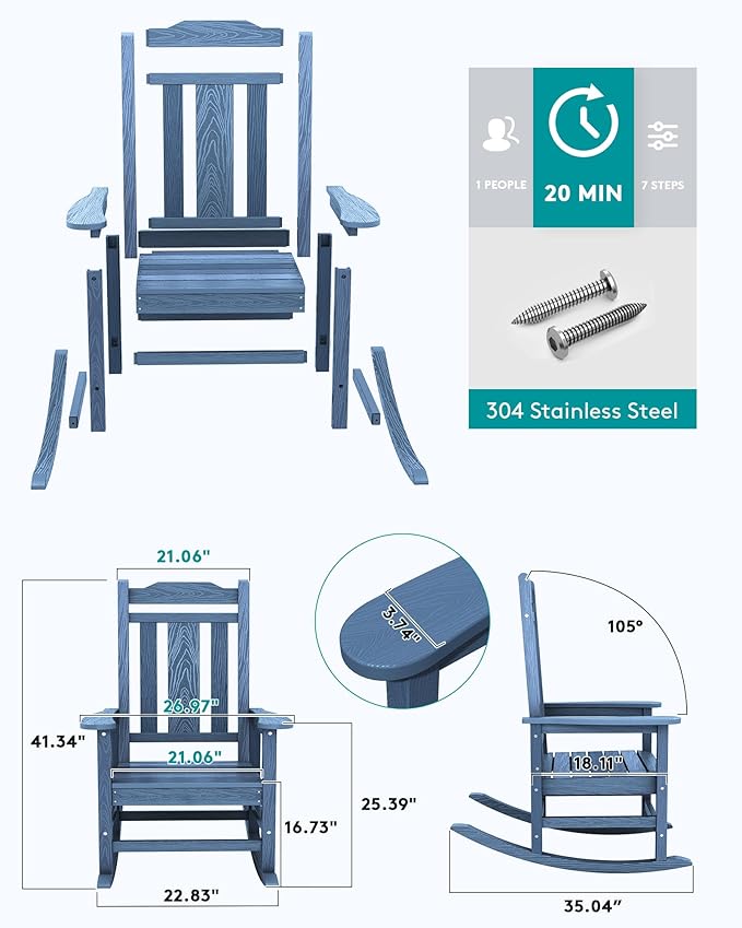 SERWALL Oversized Outdoor Rocking Chair Set of 4, All Weather Patio Rocking