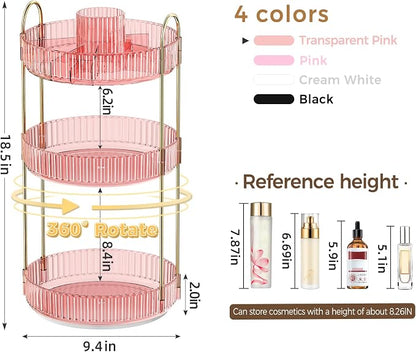 360° Rotating Makeup Organizer, Upgraded 3 Tier Skincare Perfume Organizers for Women, Bathroom Organizer Countertop, Clear Cosmetic Dresser Organizer with Makeup Brush Holder Counter(Clear Pink)