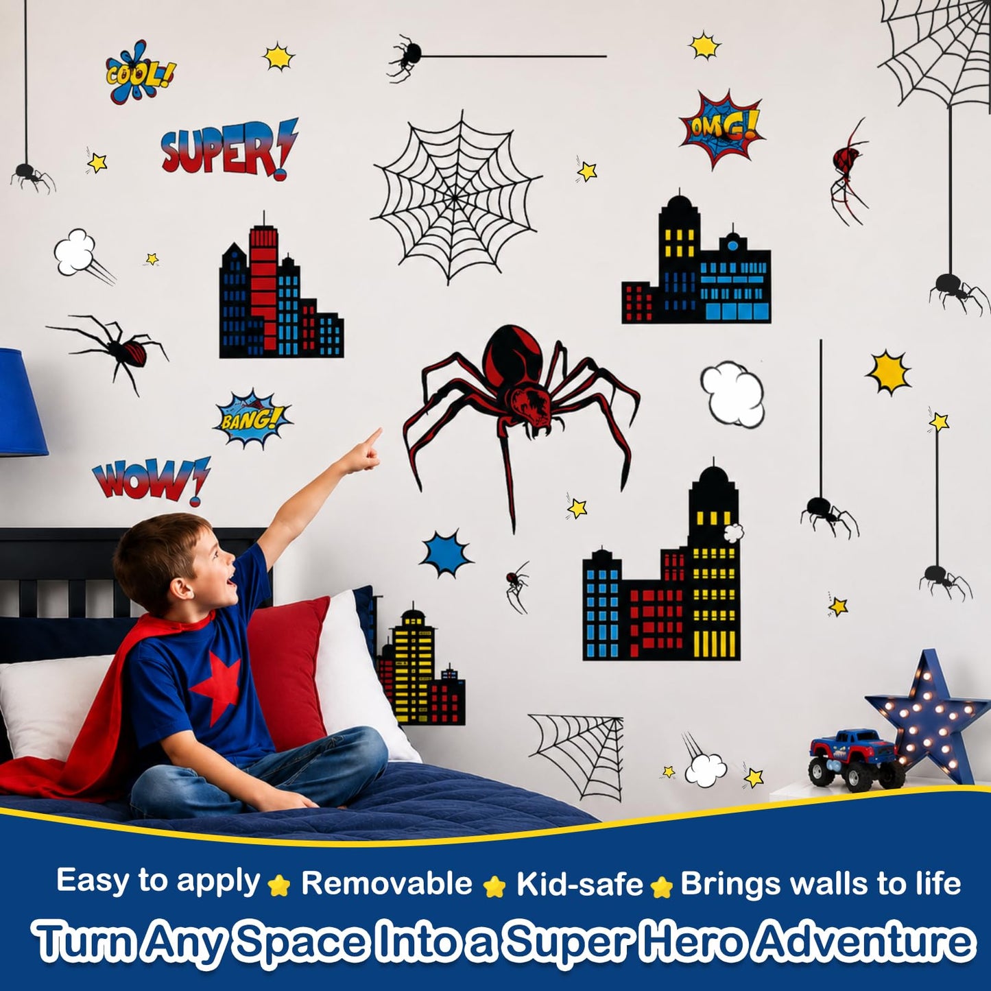 Superhero Wall Decor, Hero City Building Stars Stickers for Kids Boys, 70 Piece UV PVC DIY Removable Reusable Cartoon Stickers for Toddler Nursery, Bedroom, Playroom