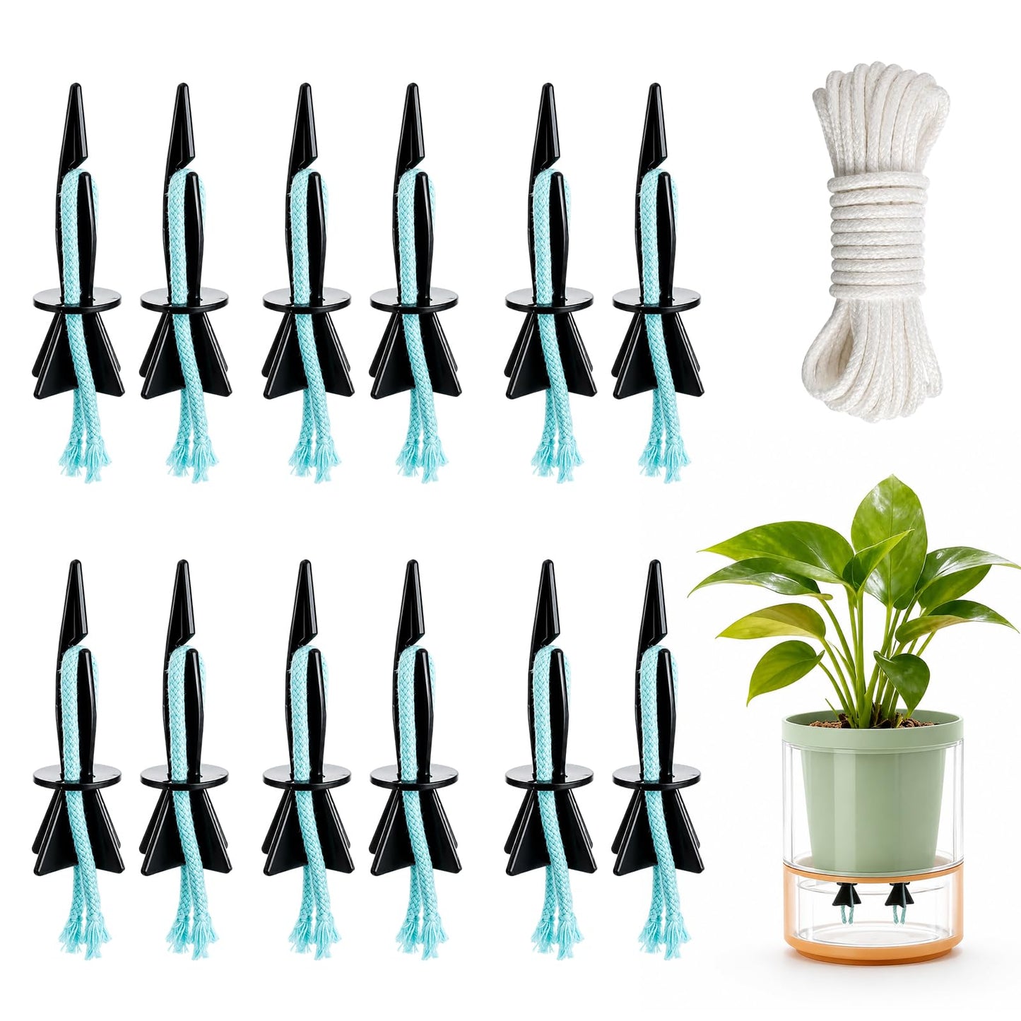 JFBNXB Self Watering Spikes for Indoor Plants, Automatic Plant Watering System for Vacation Care and Office Maintenance, 13-Piece Set with 12 Spikes and Absorbent Cotton Rope