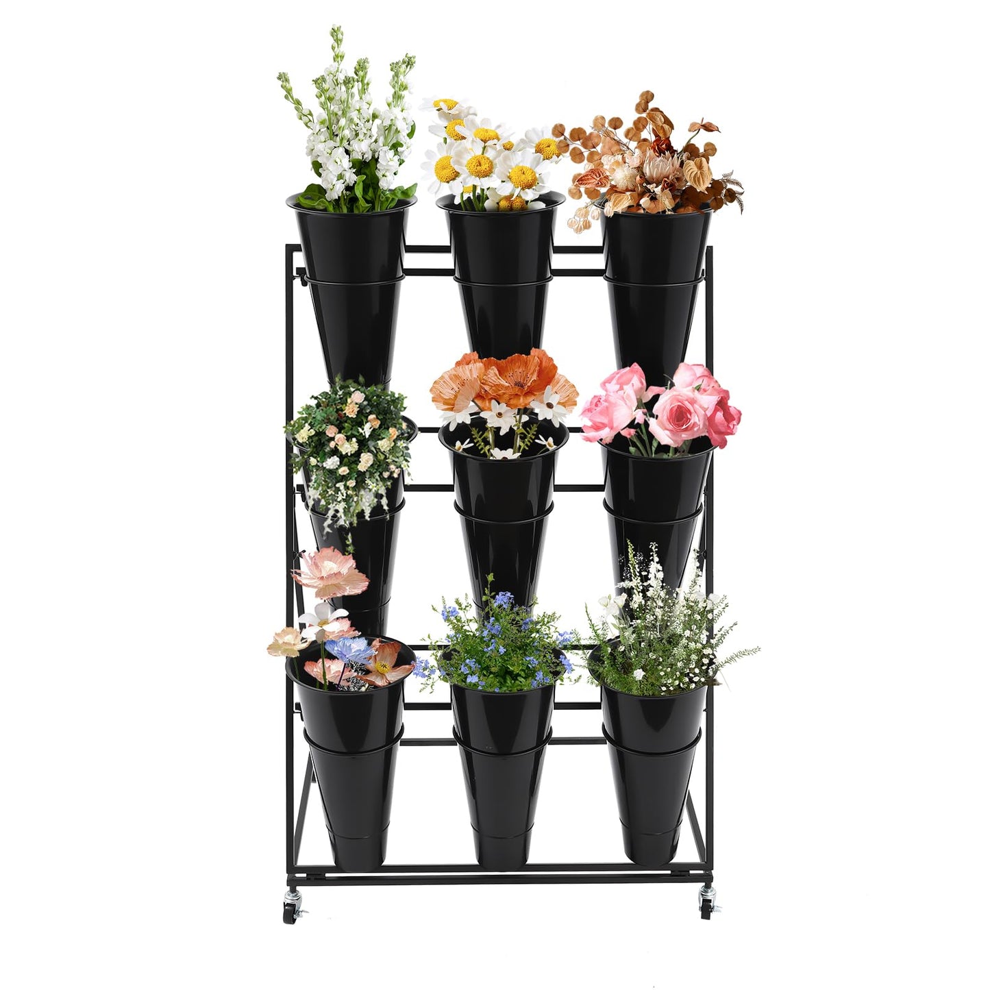 lxrnqcey Flower Display Stand, Moving Plant Cart Shelf Indoor Outdoor Flower Rack with 9Pcs Buckets, 3 Layers Metal Plant Holder with Wheels for Patio Balcony Garden (Black)