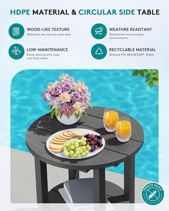 SERWALL Round Outdoor Side Table, HDPE Small Adirondack End Table, 2-Tier Patio