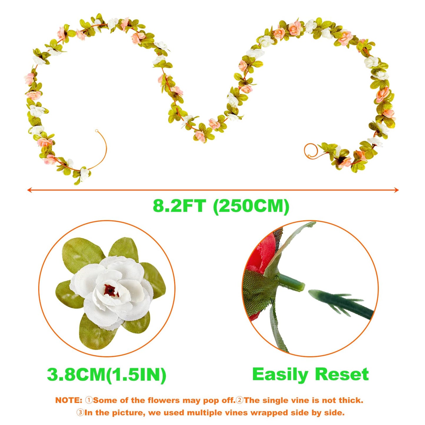 PONKING Flower Garland 8 Pcs x 8.2 ft Artificial Rose Vine Flowers with Green Leaves Hanging Fake Roses Vine for Room Party Home Wedding Birthday Christmas Wall Arch Decor, Spring Pink Flower