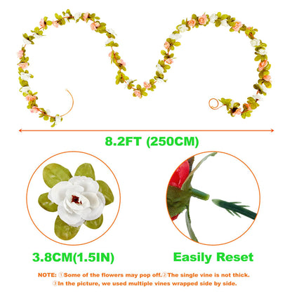 PONKING Flower Garland 8 Pcs x 8.2 ft Artificial Rose Vine Flowers with Green Leaves Hanging Fake Roses Vine for Room Party Home Wedding Birthday Christmas Wall Arch Decor, Spring Pink Flower