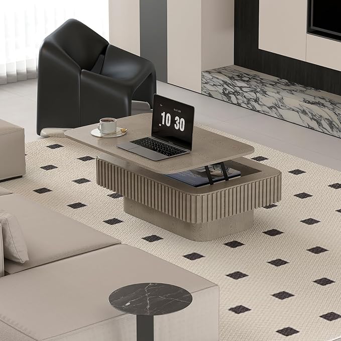 Lift Top Coffee Table for Living Room, Rectangle Handmade Solid Wood Strips
