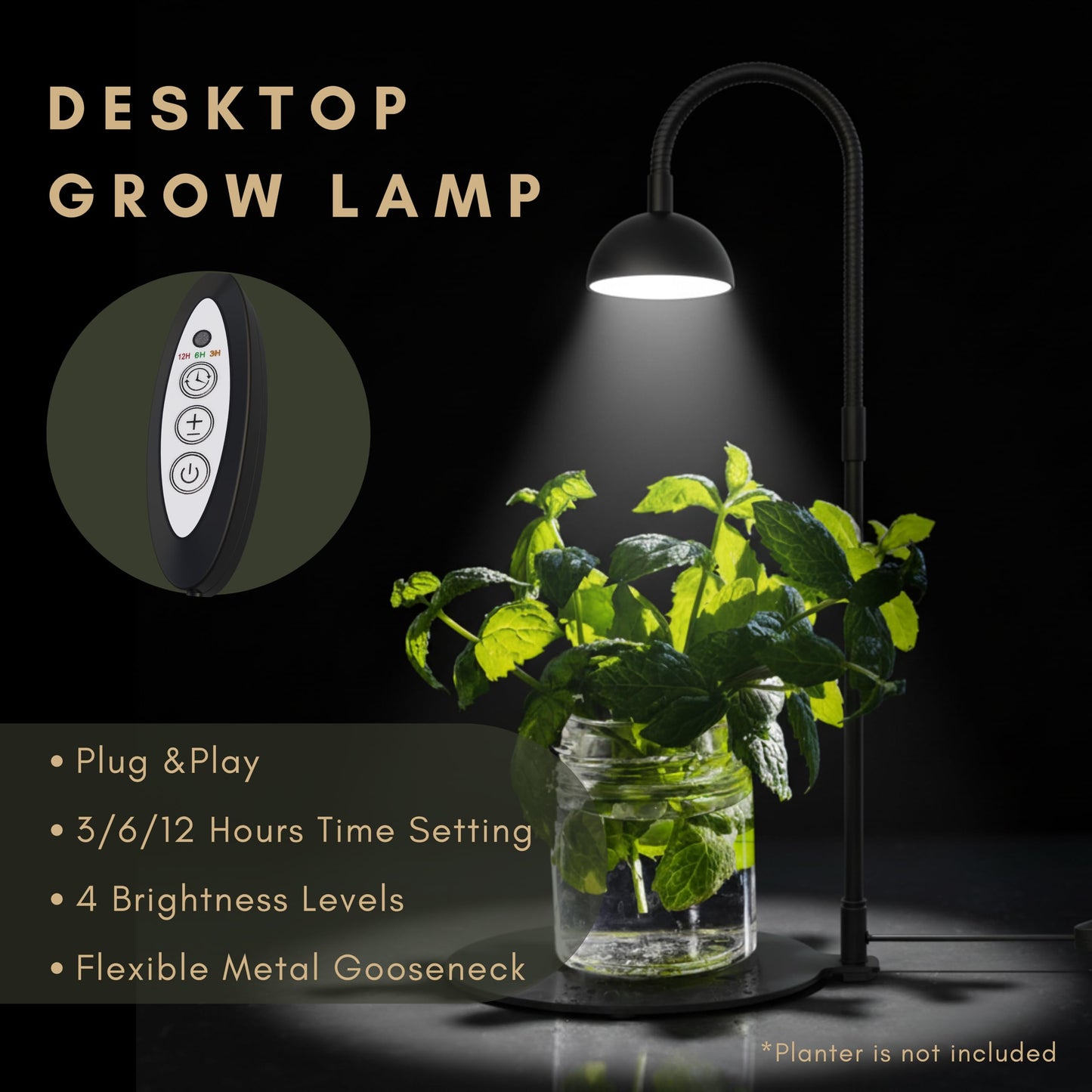 BoostGro Desktop Grow Lamp Terrarium Light Plant Light on Table with Flexible Gooseneck Lamp for Terrarium Kitchen Vetegable Succulent Lamp with Auto Timer 3/6/12Hrs, 4 Brightness Levels (Black)