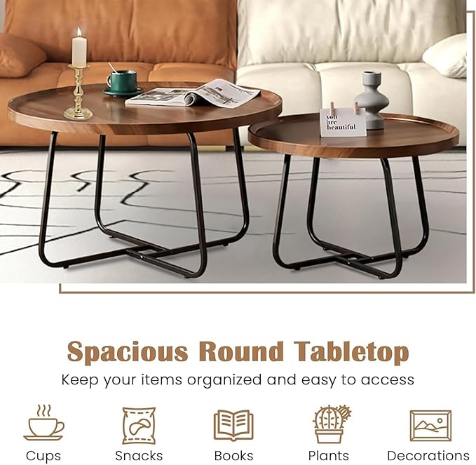 Round Nesting Coffee Table Set of 2, Mid Century Modern, Center
