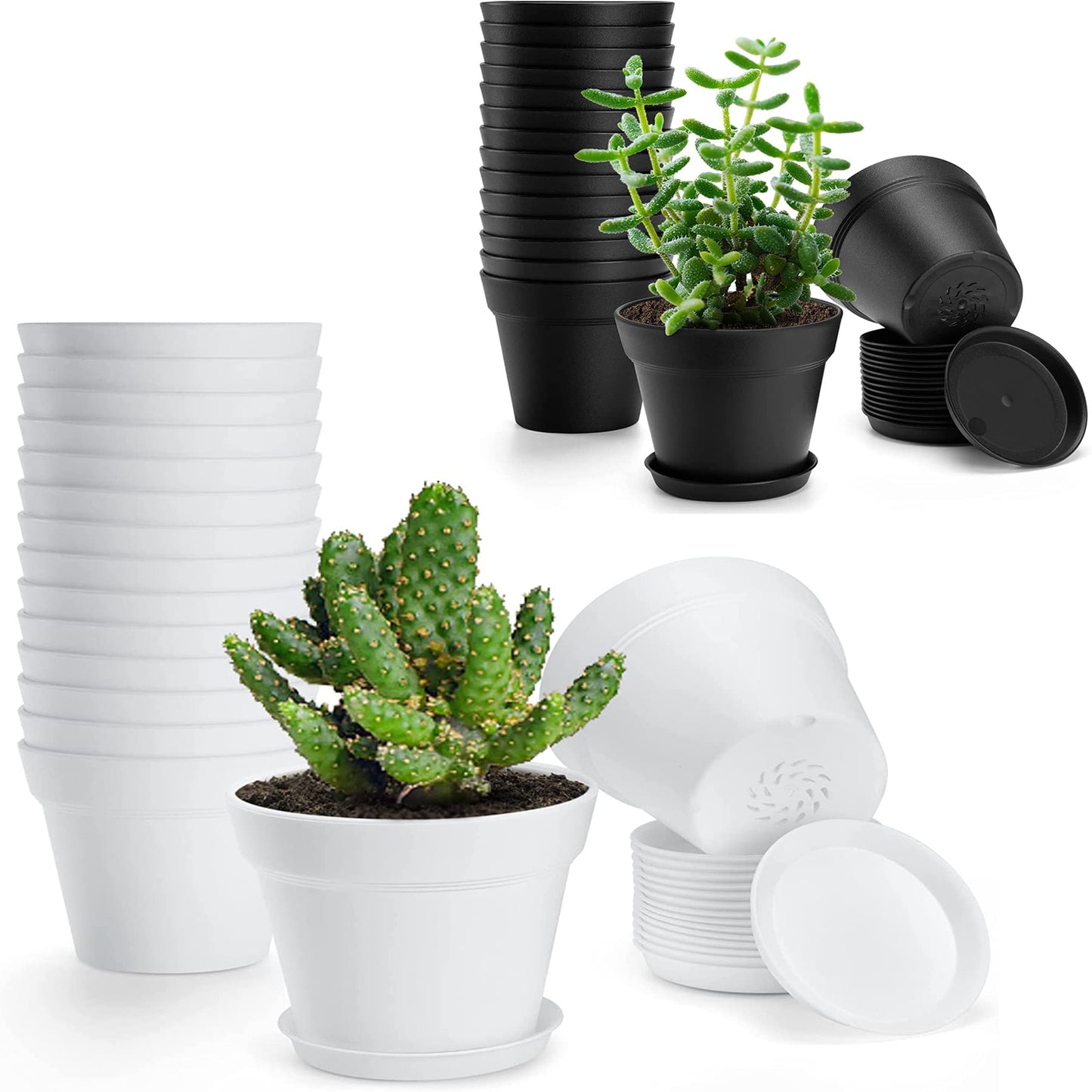 FHWTY 16 Pack Plastic Plant Pots BK & 16 Pack Plastic Plant Pots WH