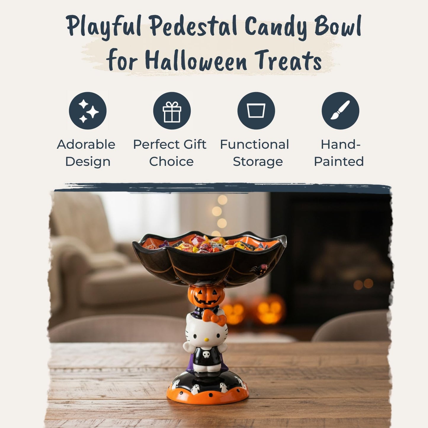 Blue Sky Clayworks HELLO KITTY Spider Web Pedestal Candy Bowl, Ceramic 8" L x 8" W x 9" H, Halloween Party Centerpiece