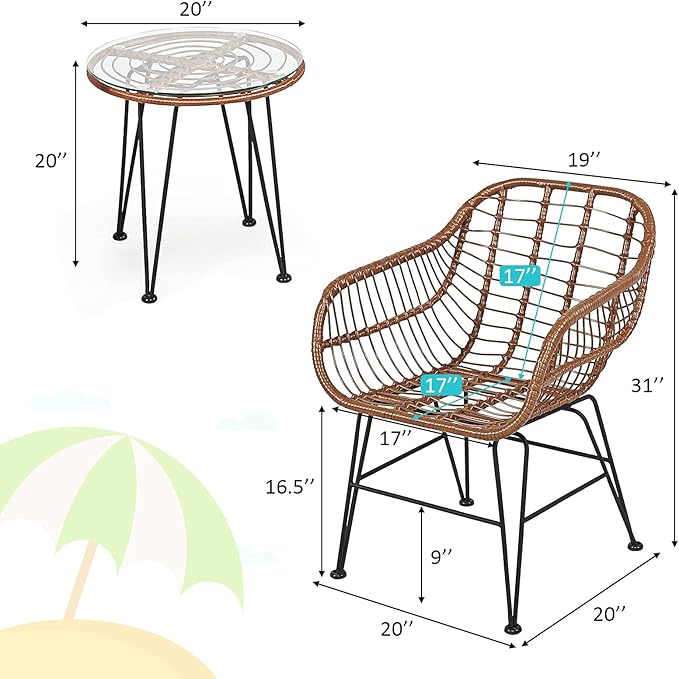 Tangkula 3 Pieces Patio Conversation Bistro Set, Outdoor Wicker Furniture