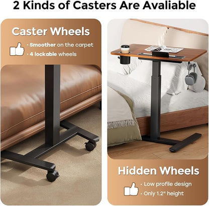 Mobile Standing Desk with Drawer, 28" Rolling Desk with Cup Holder and Hooks, Portable Laptop Workstation on Wheels, Height Adjustable Cart with Storage for Home Office, Dark Wood