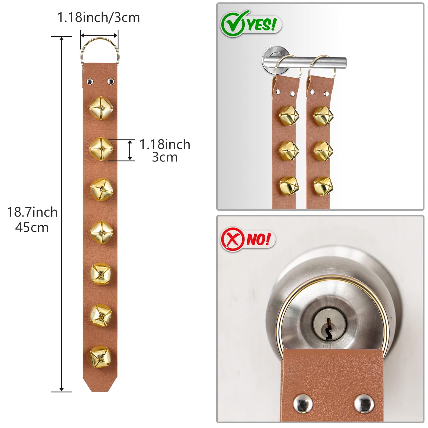 Frienda Hanging Jingle Sleigh Bells 7-Bell Dog Doorbells for Door Knob Faux Leather Belts Go Outside Dog Bells Christmas Decor and Holiday Decorations, 18.7 x 1.8 x 1 Inches(Light Brown with Gold)