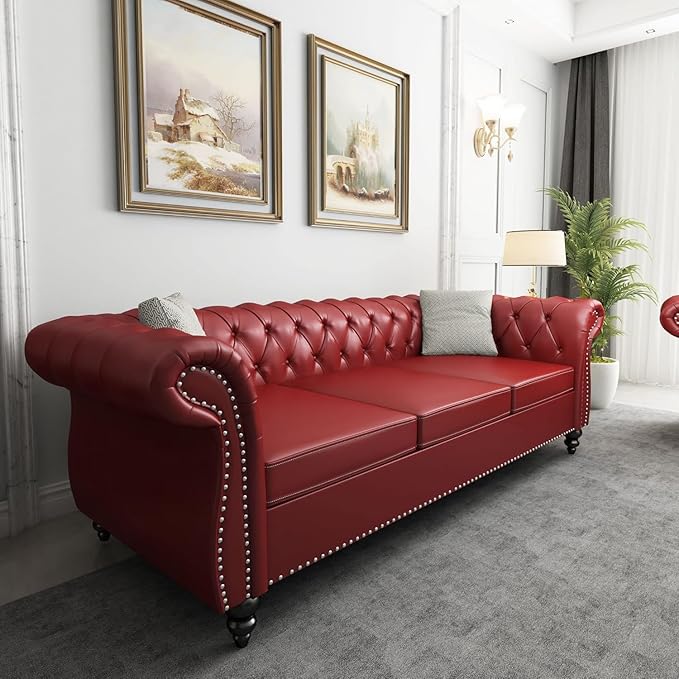 Mid-Century 3 Seater Sofa, Faux Leather Couch