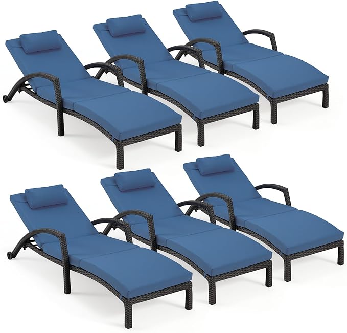 HOMREST Chaise Lounge Chairs Set of 6, PE Rattan Wicker Patio Lounge Chair