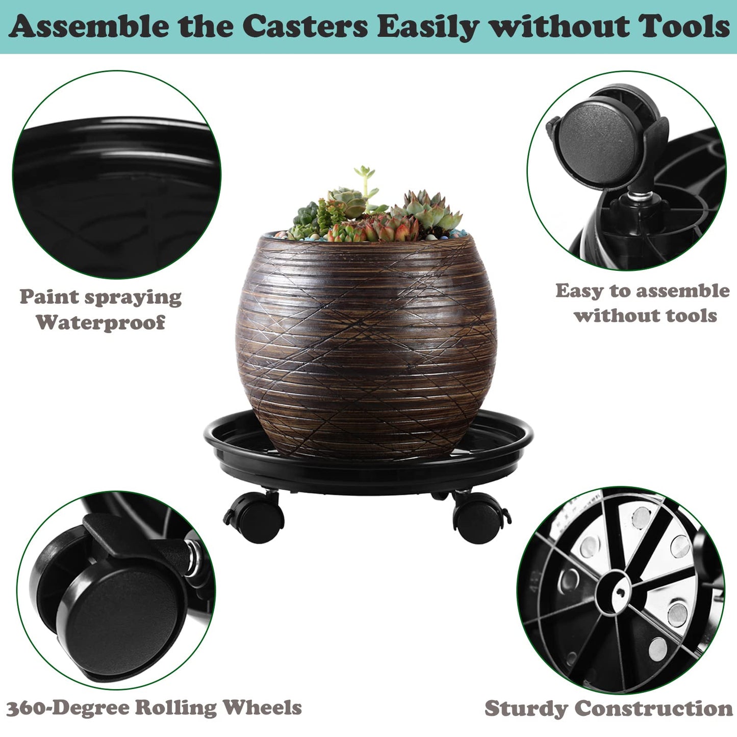 8 Packs Plastic Plant Caddy with Wheels 12” Heavy-Duty Rolling Plant Stand with Wheels Plant Dolly with Casters for Indoor and Outdoor Plant Roller Base Plant Saucer Mover, Black