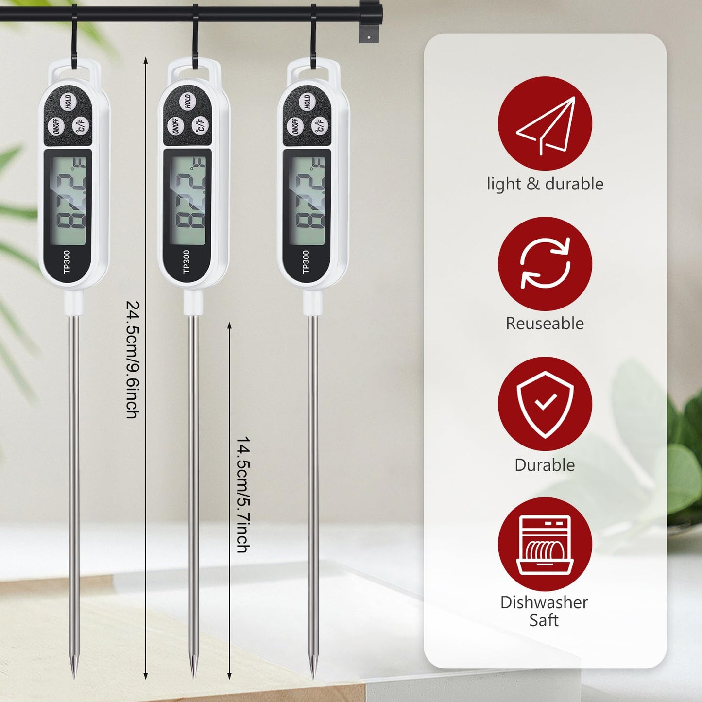 6 Pcs Instant Read Meat Thermometer with Long Probe 9.65 Inch Kitchen Cooking Food Candy Waterproof Digital Thermometer for BBQ Water Milk Yogurt Liquid (Round&Square Ring,Black,White,Red)