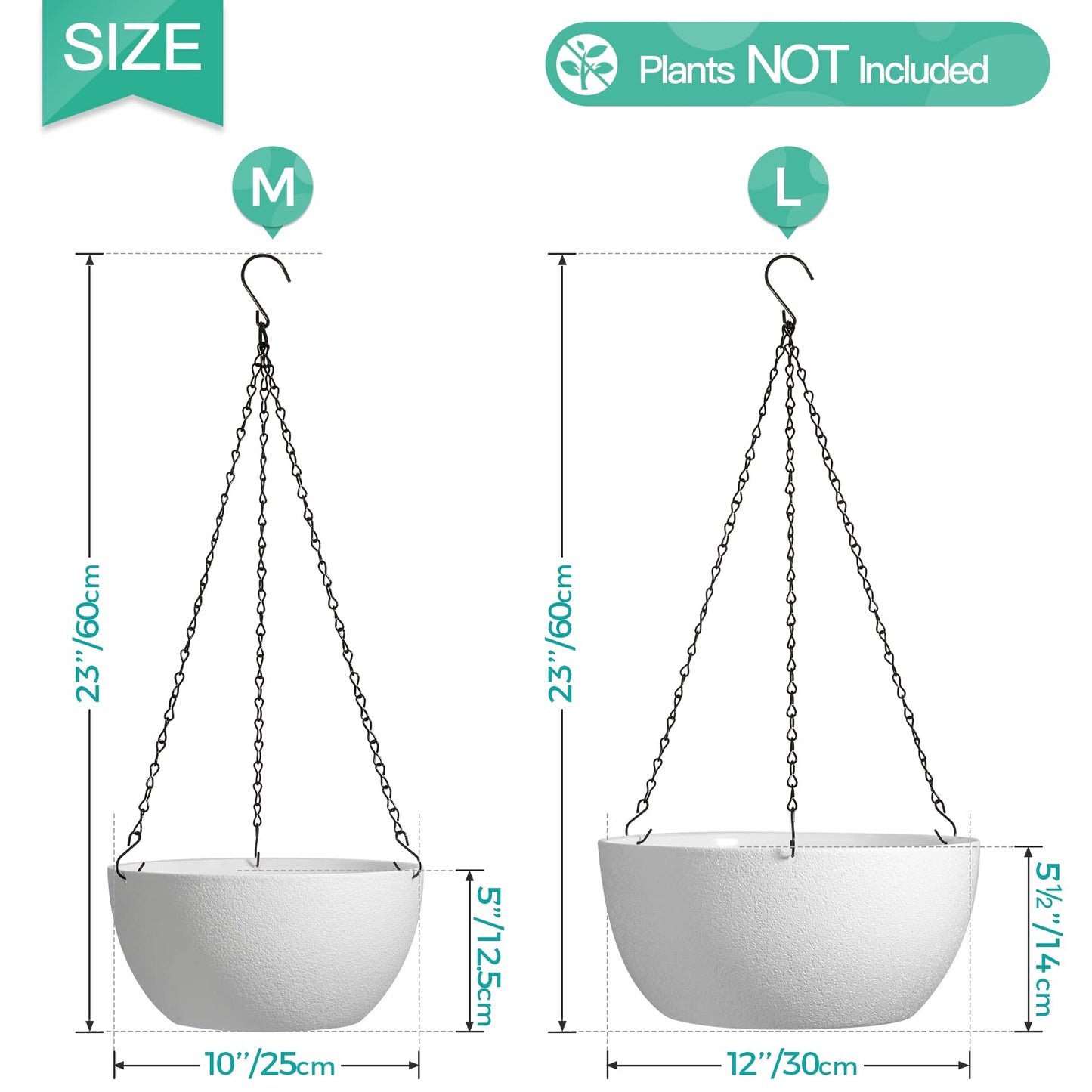 T4U Plastic Hanging Planters 2-Pack, 12 Inch Large Hanging Flower Plant Pots with Drainage Hole for Indoor Outdoor Plants, Round Hanging Basket for Home Garden Porch Balcony Patio Decor (White)