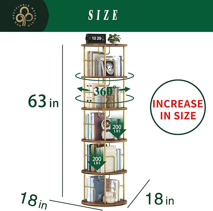 5Tier Rotating Bookshelf, 360 ° Display Stackable Spinning Bookshelf Tower