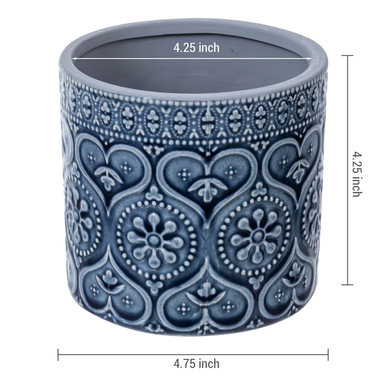 MyGift 4 Inch Cobalt Blue Ceramic Indoor Small Planter Vase, Succulent Plant Pot with Embossed Design and Solid Bottom, Set of 2