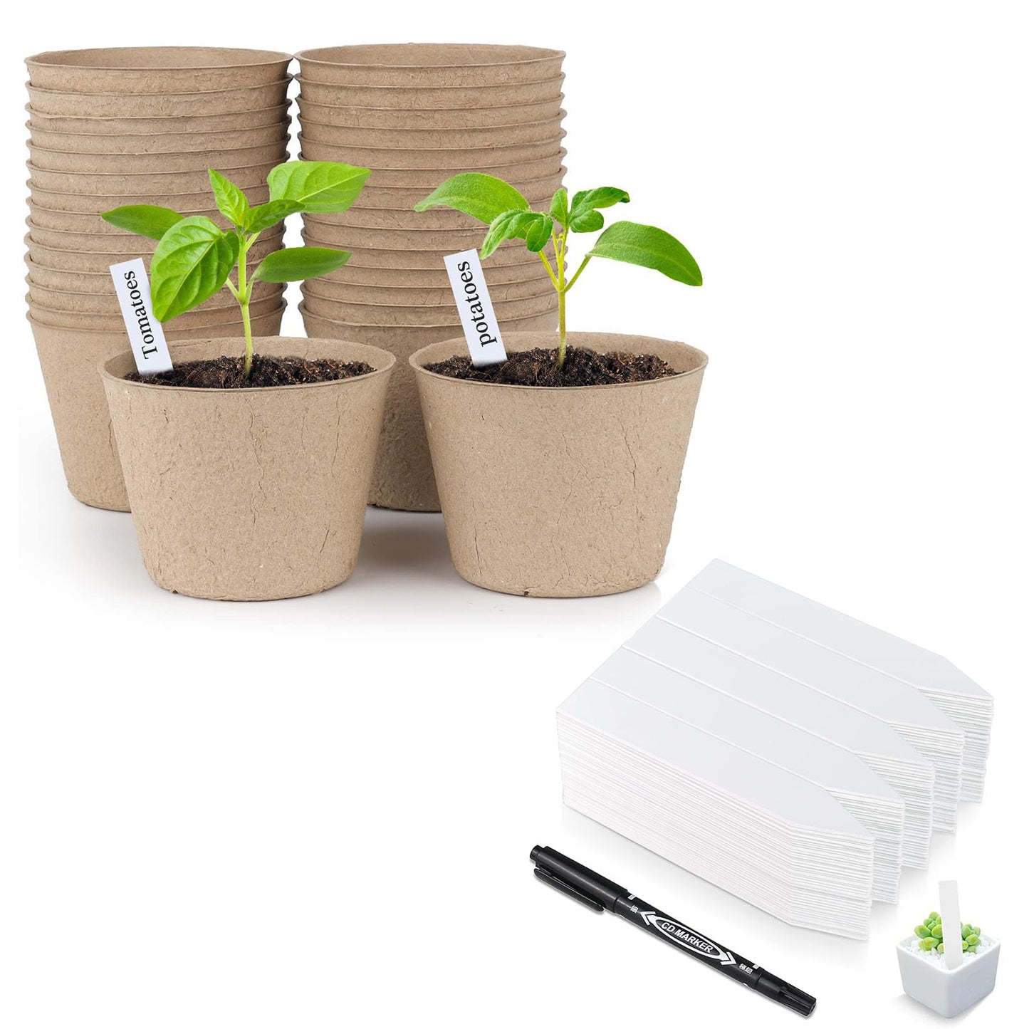 homenote Peat Pots, 4 Inch Seed Starting Pots with Drainage Holes Round(30 Pcs) with 4 Inch Plastic Plant Labels Waterproof Plant Tags(200 Pcs)