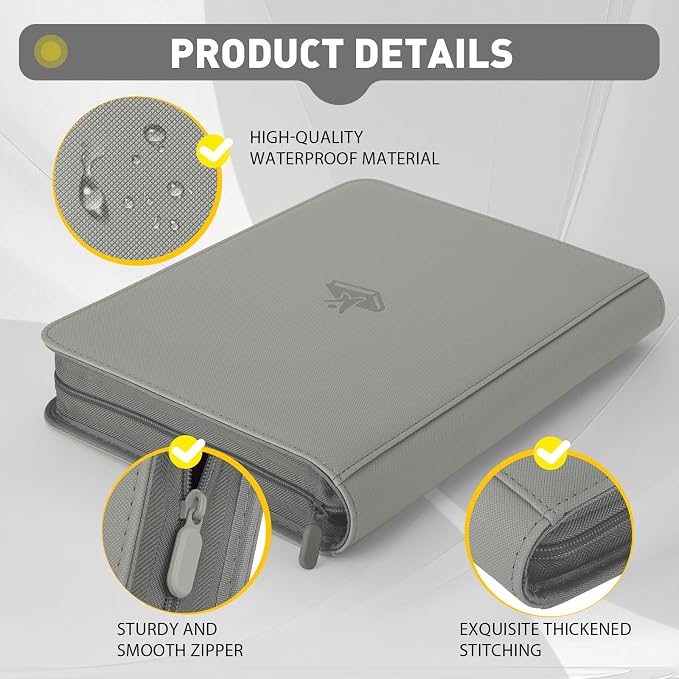 Trading Card Binder 9 Pocket, 360 Pockets Double-Sided Card Album, Premium PU Leather Zipper Card Holder for MTG, TCG, Sports & Game Cards, Must-Have for Collectors（Gray）
