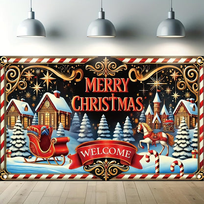 Tomhong Merry Christmas Welcome Sign 71x43inch Large Outdoor Yard Banner forWinter Holiday Party Porch Decoration Festive Xmas Scene with Sleigh Horse Candy Cane andSnowy Village