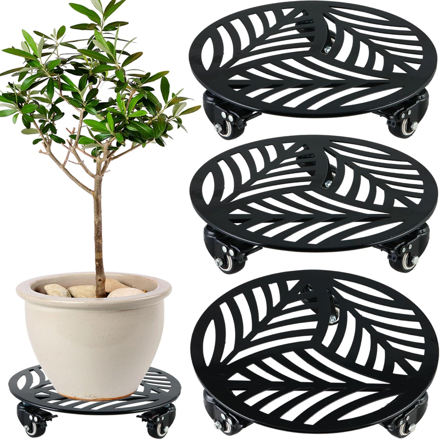 3 Packs Metal Plant Caddy with 3 Metal PU Wheels 12 Inches Heavy-duty Wrought Iron Rolling Plant Stands with Casters Indoor and Outdoor Plant Pot Roller Base Plant Dolly Coaster Movers Black