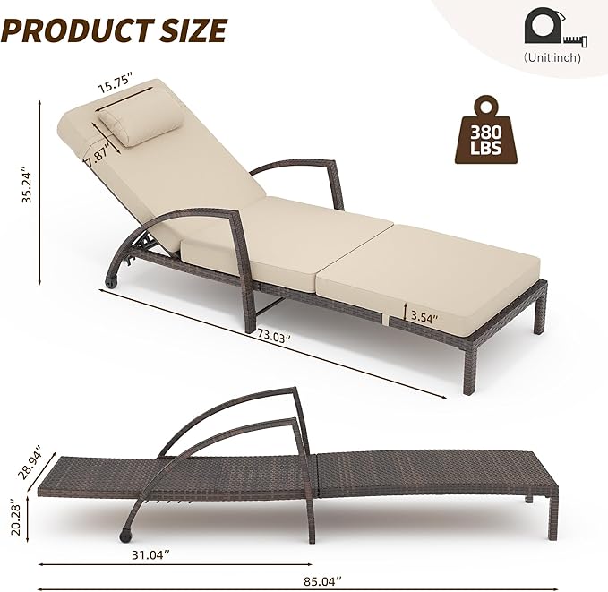 GarveeLife 2-Piece Rattan Patio Folding Chaise Lounge, 5-Position Adjustable