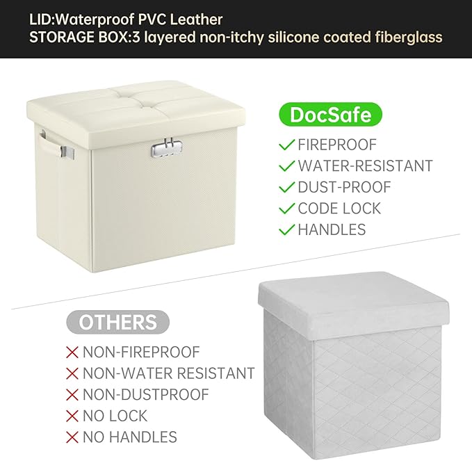 DocSafe Storage Ottoman with Lock, Fireproof＆Waterproof 17 Inches Folding