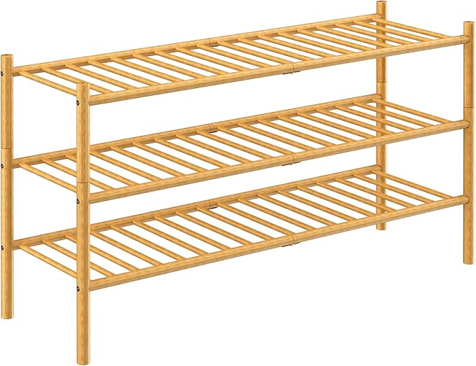 ROMGUAR CRAFT 3-Tier Bamboo Long Shoe Rack, Free Standing Wood Shoe Shelf