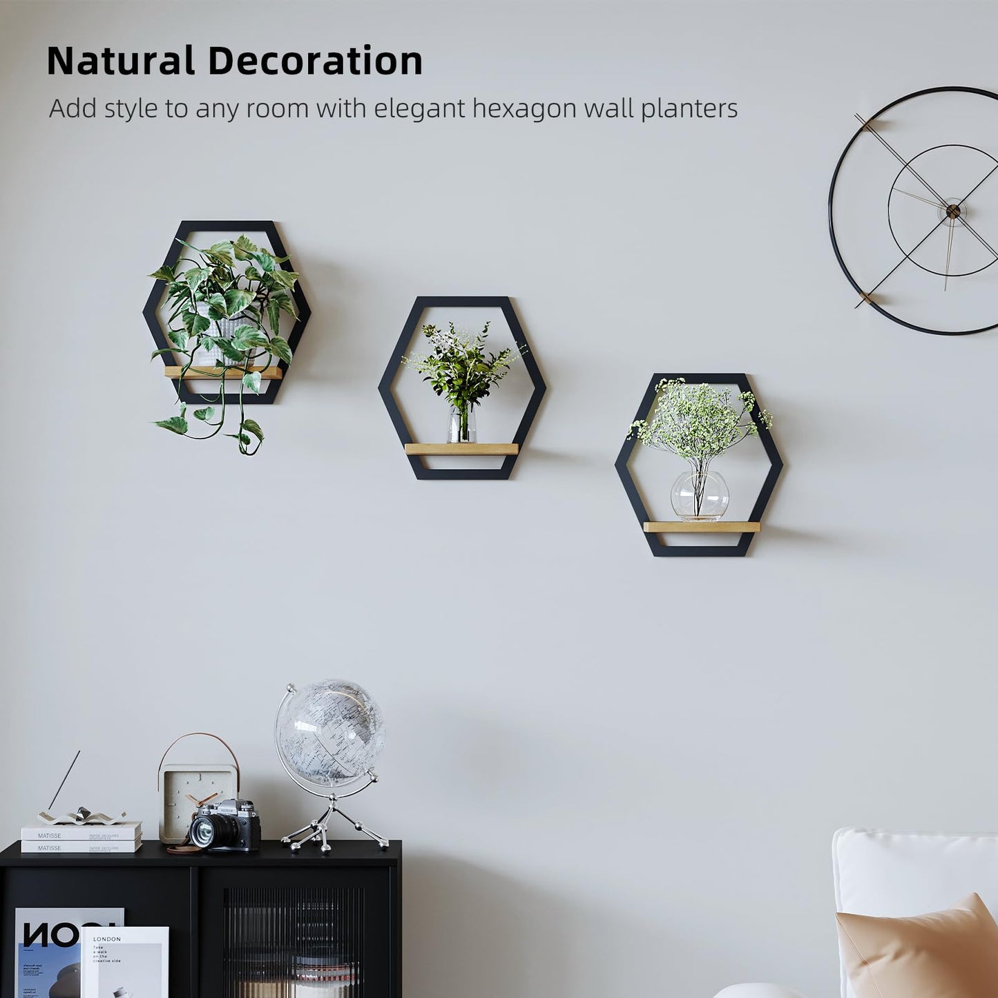 Rioneta 3 Pack Solid Wood & Heavy Duty Metal Wall Plant Stands,9 inch Natural Wood Shelf, Boho Arch Hanging Planter for Indoor 25 LB Load for Plants Black