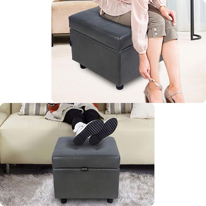 H&B Luxuries Tufted Leather Square Flip Top Storage Ottoman Cube Foot Rest